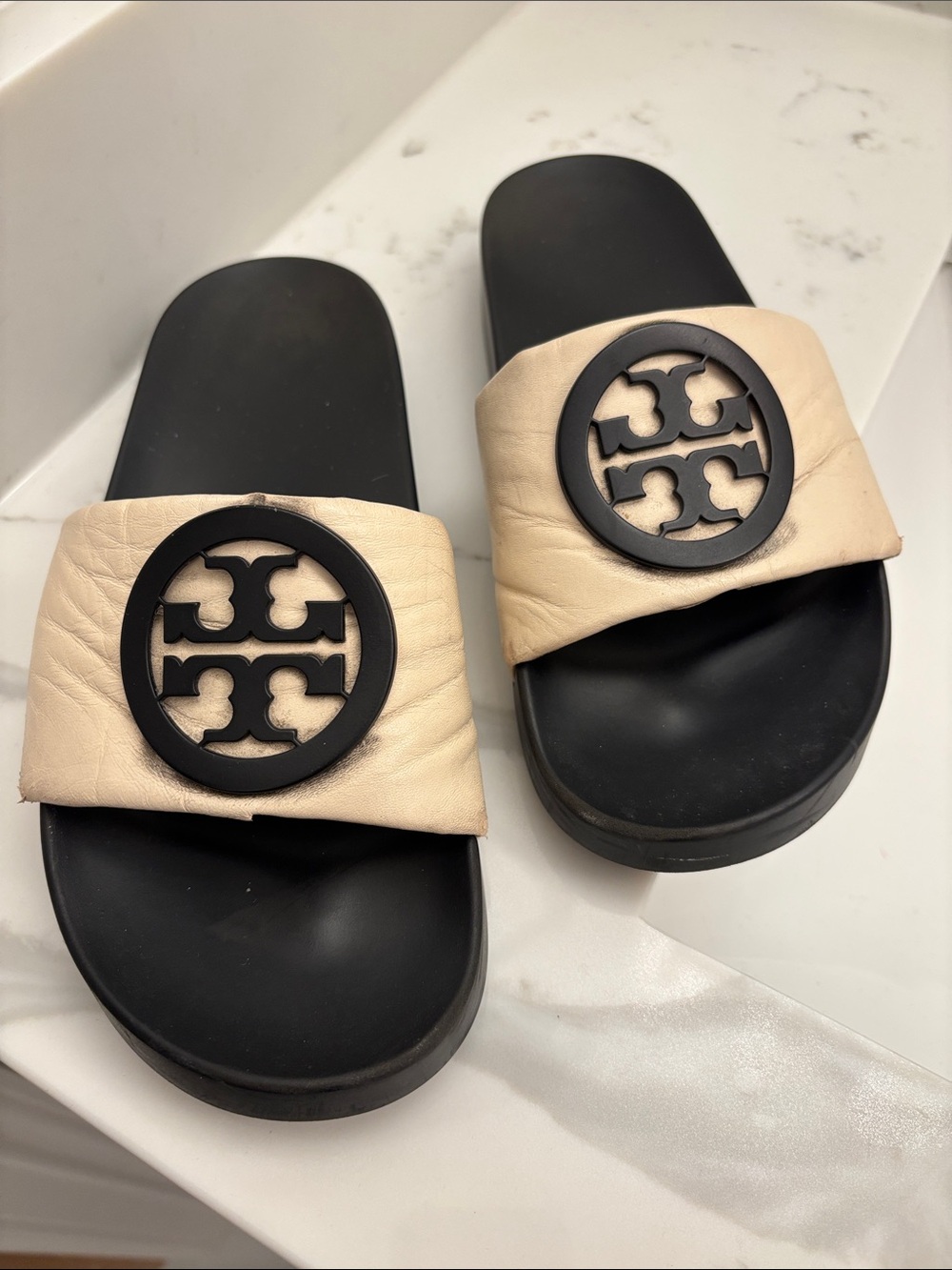 Tory Burch Lina Black Cream Logo Leather Slide Sandals Size 8